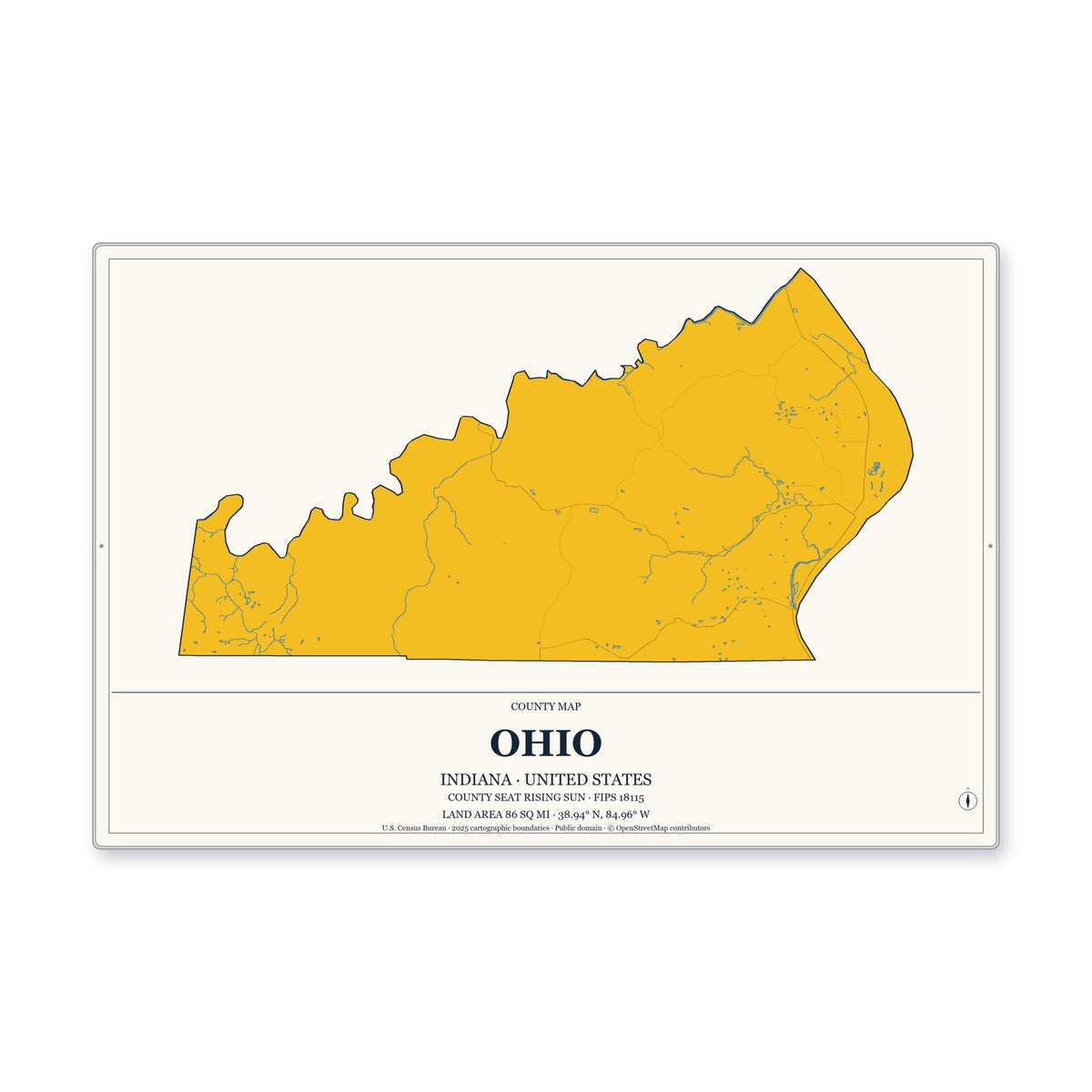Ohio County, Indiana Map Aluminum Sign in Citrine Modern style