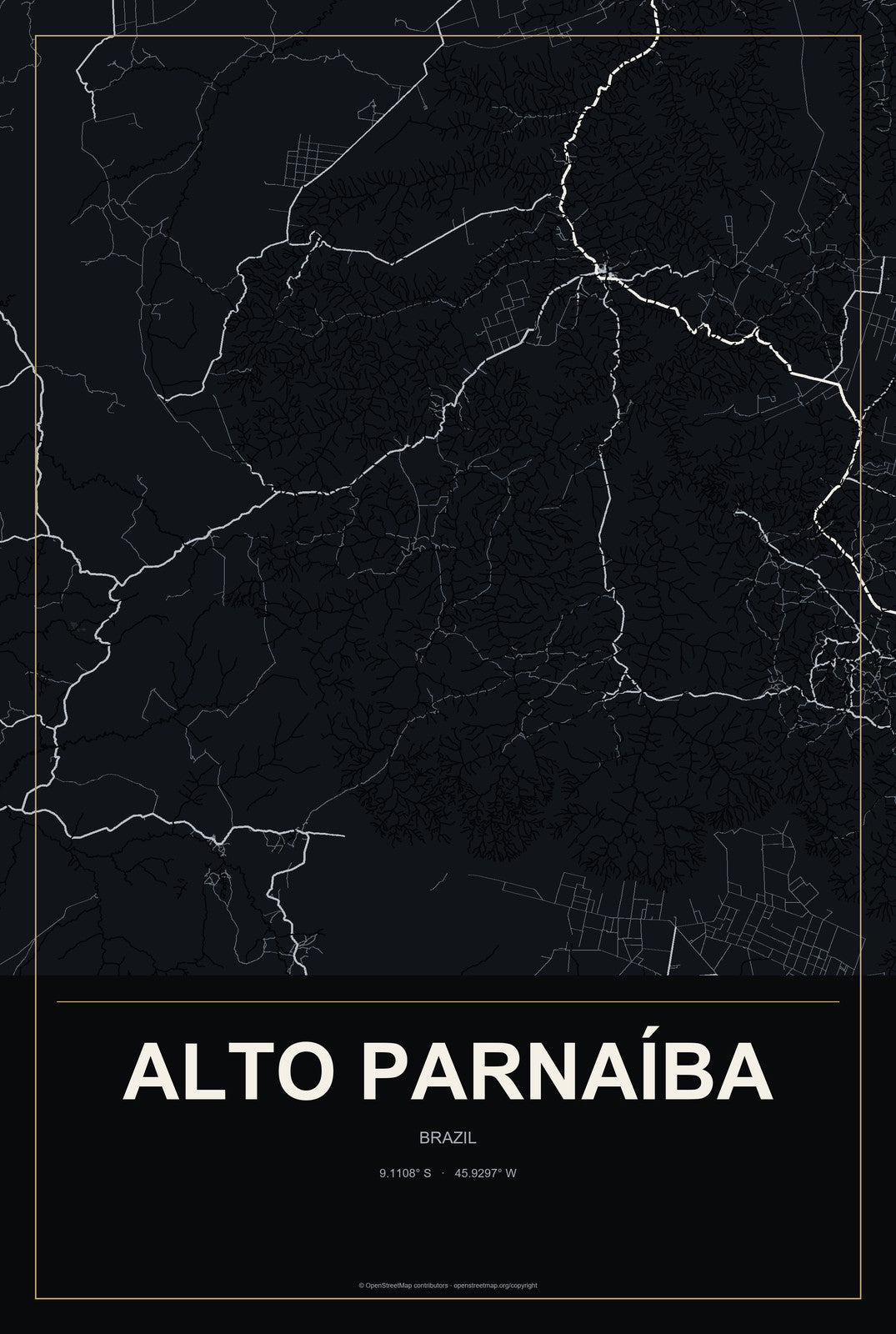 Alto Parnaíba, Brazil City Map Aluminum Sign in Metropolitan Noir style