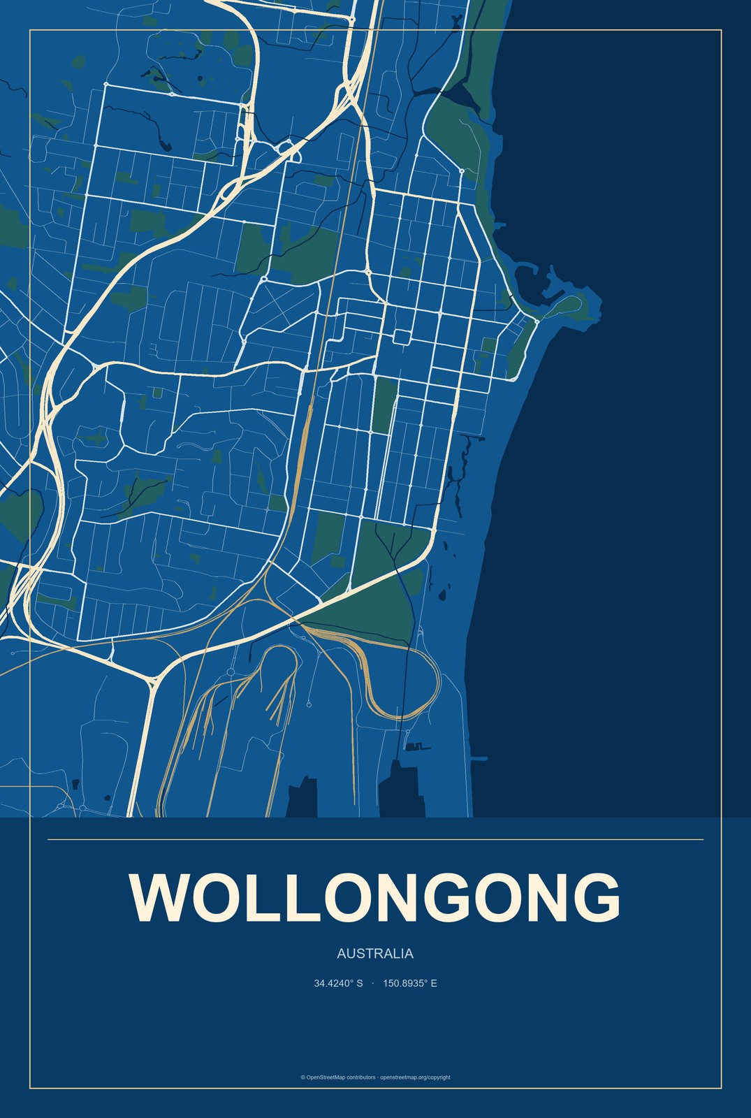 Wollongong, Australia City Map Aluminum Sign in Harbor Cobalt style