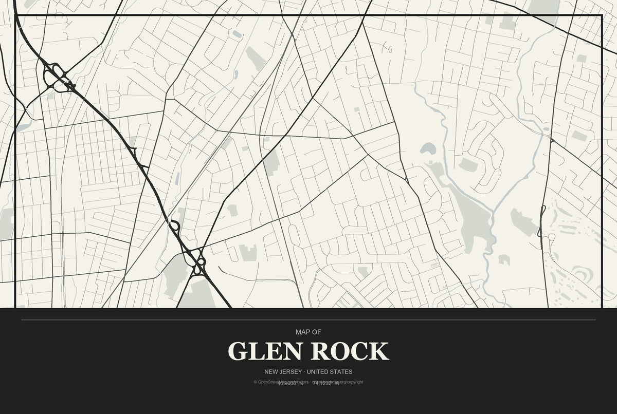 Glen Rock, New Jersey City Map Aluminum Sign in Museum Plaque style