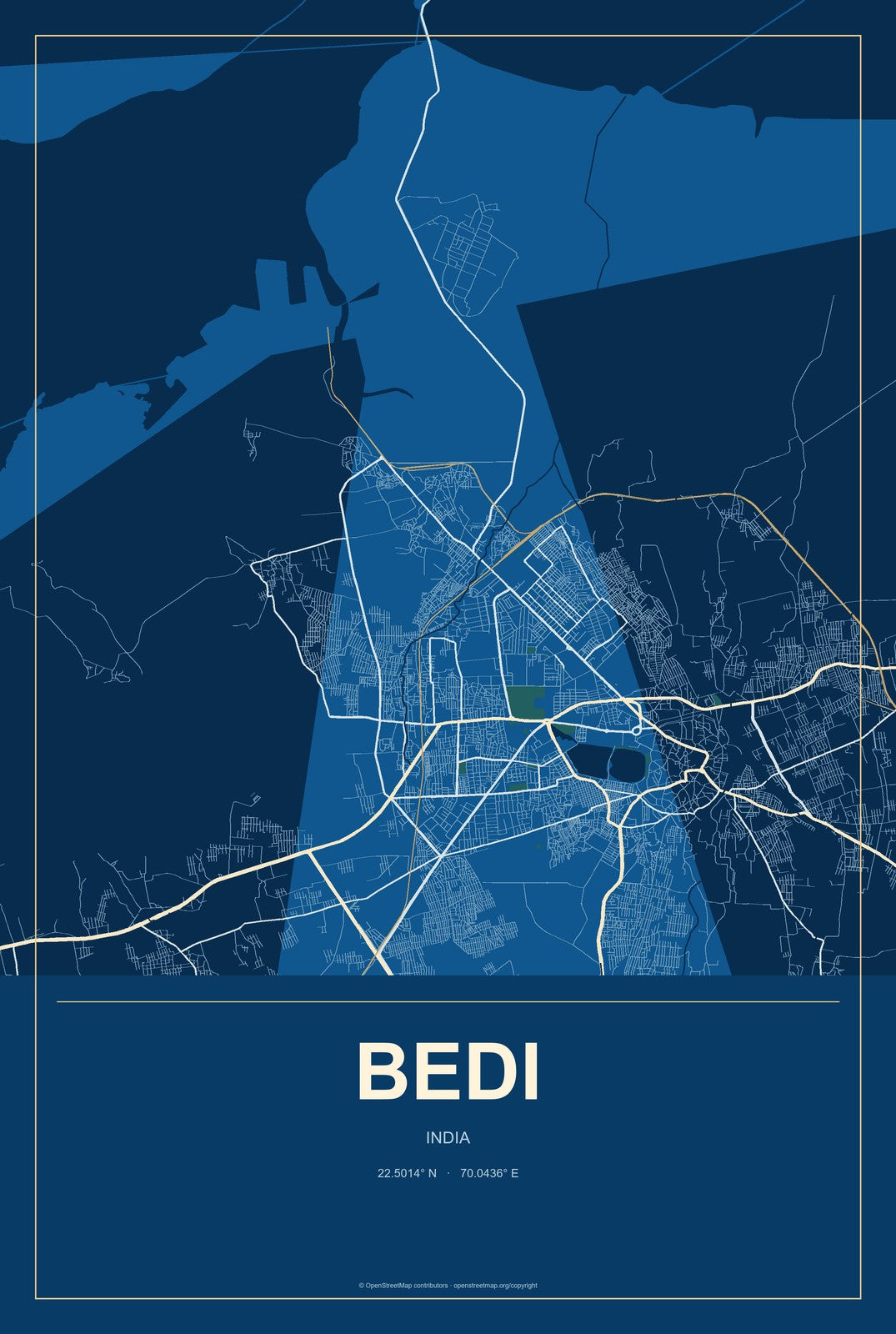 Bedi, India City Map Aluminum Sign in Harbor Cobalt style