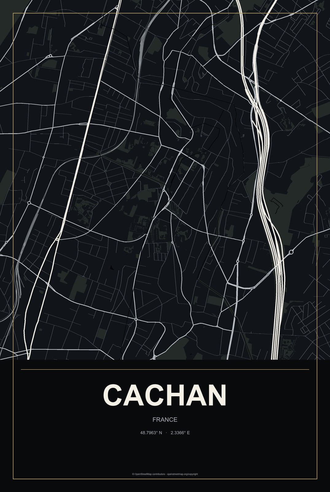 Cachan, France City Map Aluminum Sign in Metropolitan Noir style