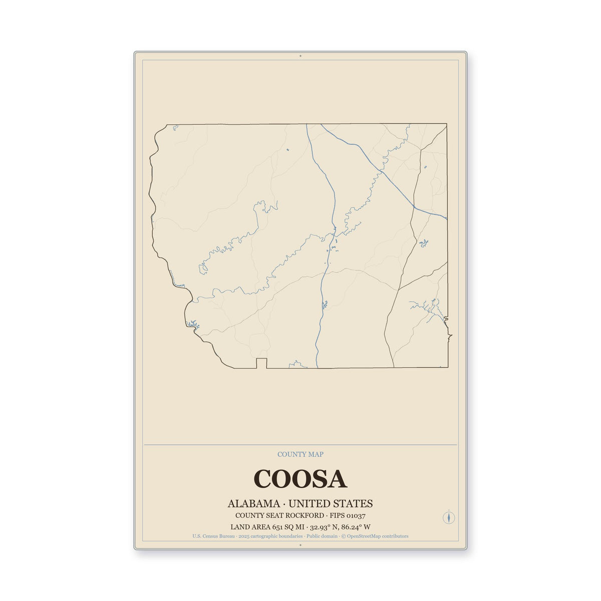 Coosa County, Alabama Map Aluminum Sign in Heritage Nautical style