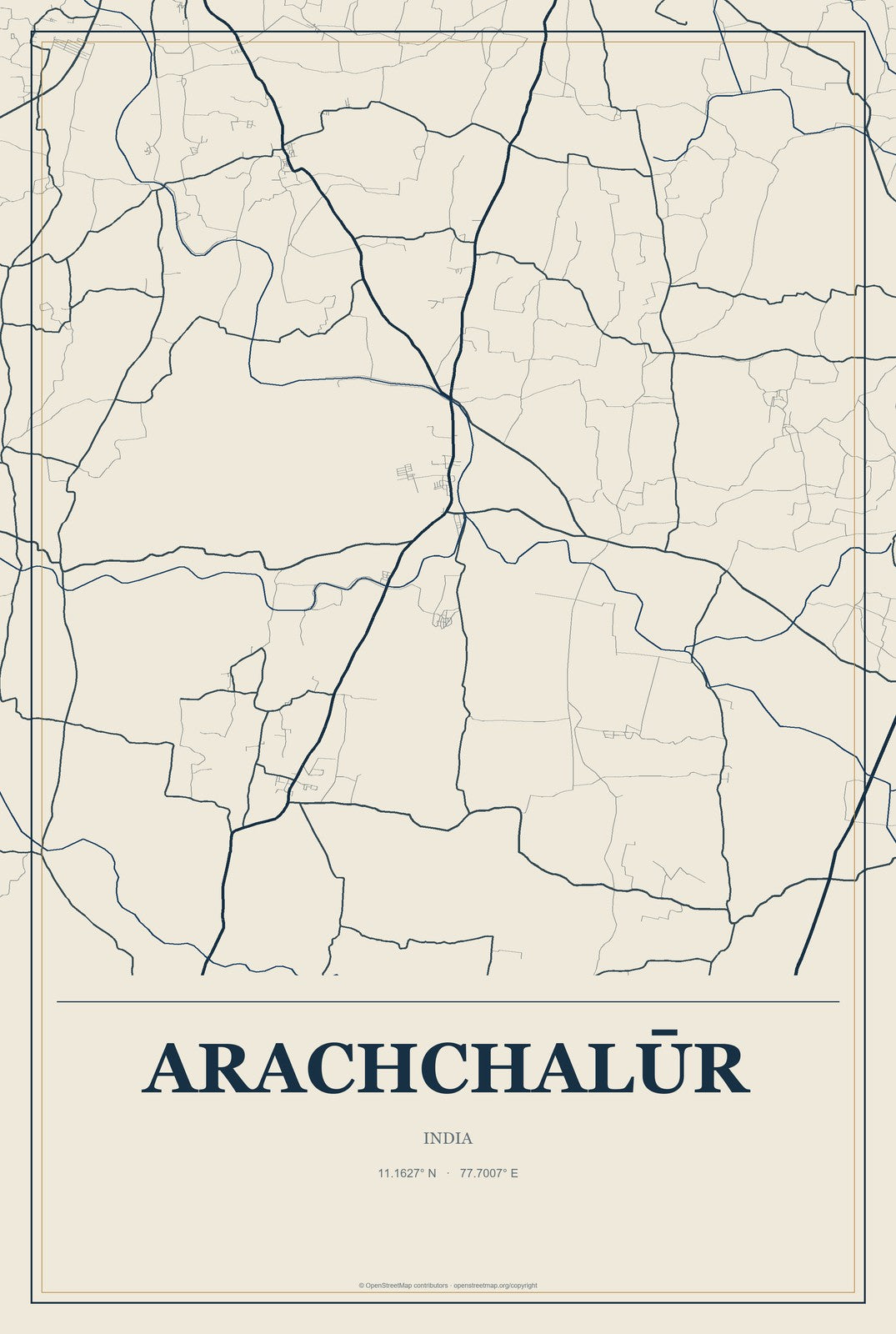Arachchalūr, India City Map Aluminum Sign in Coastal Cutout style
