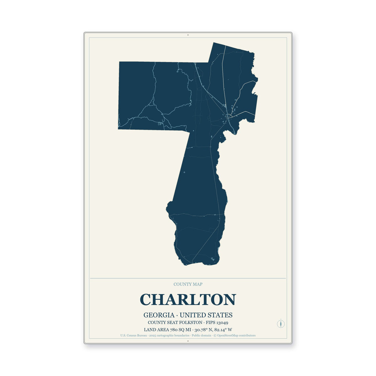 Charlton County, Georgia Map Aluminum Sign in Coastal Cutout style