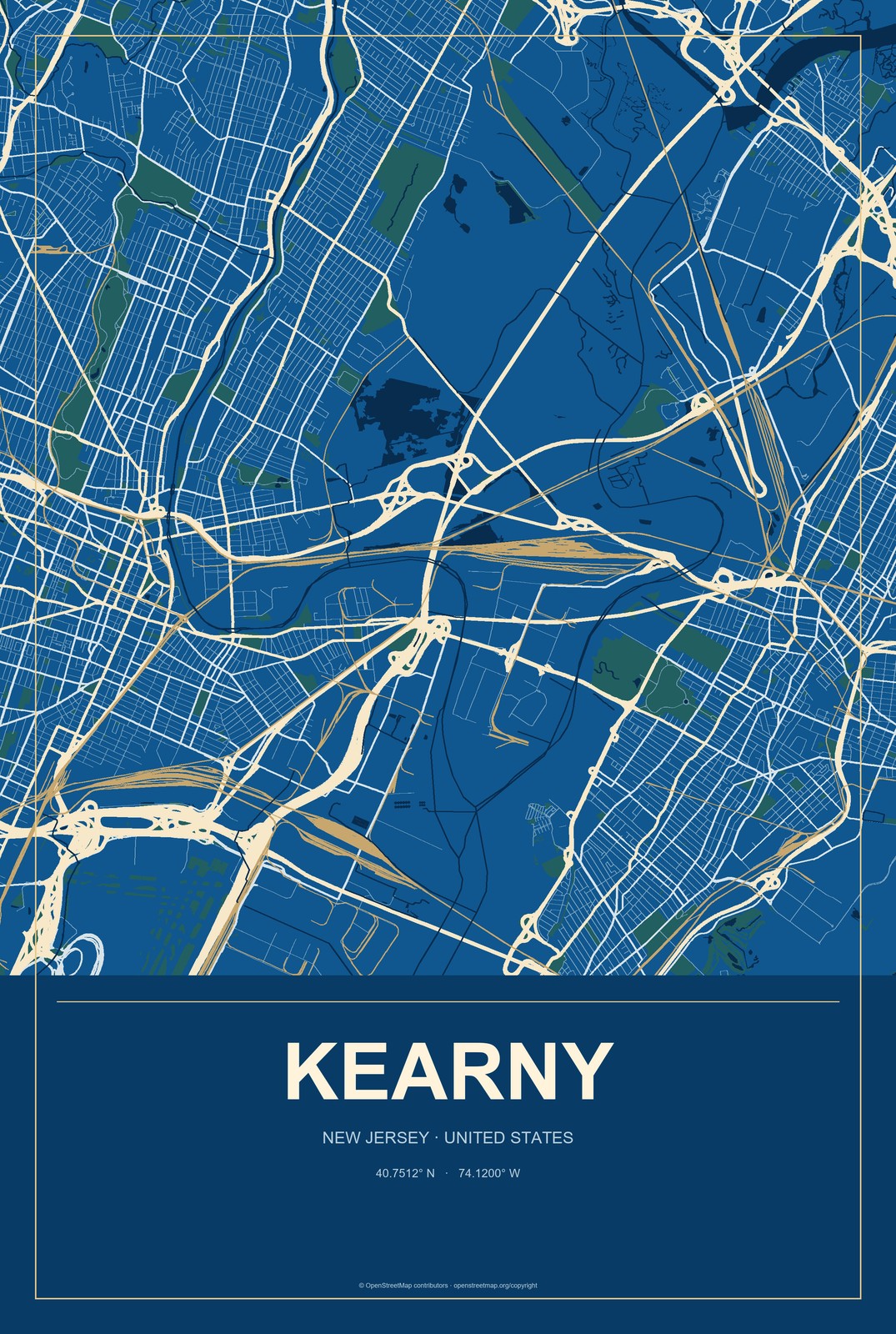 Kearny, New Jersey City Map Aluminum Sign in Harbor Cobalt style
