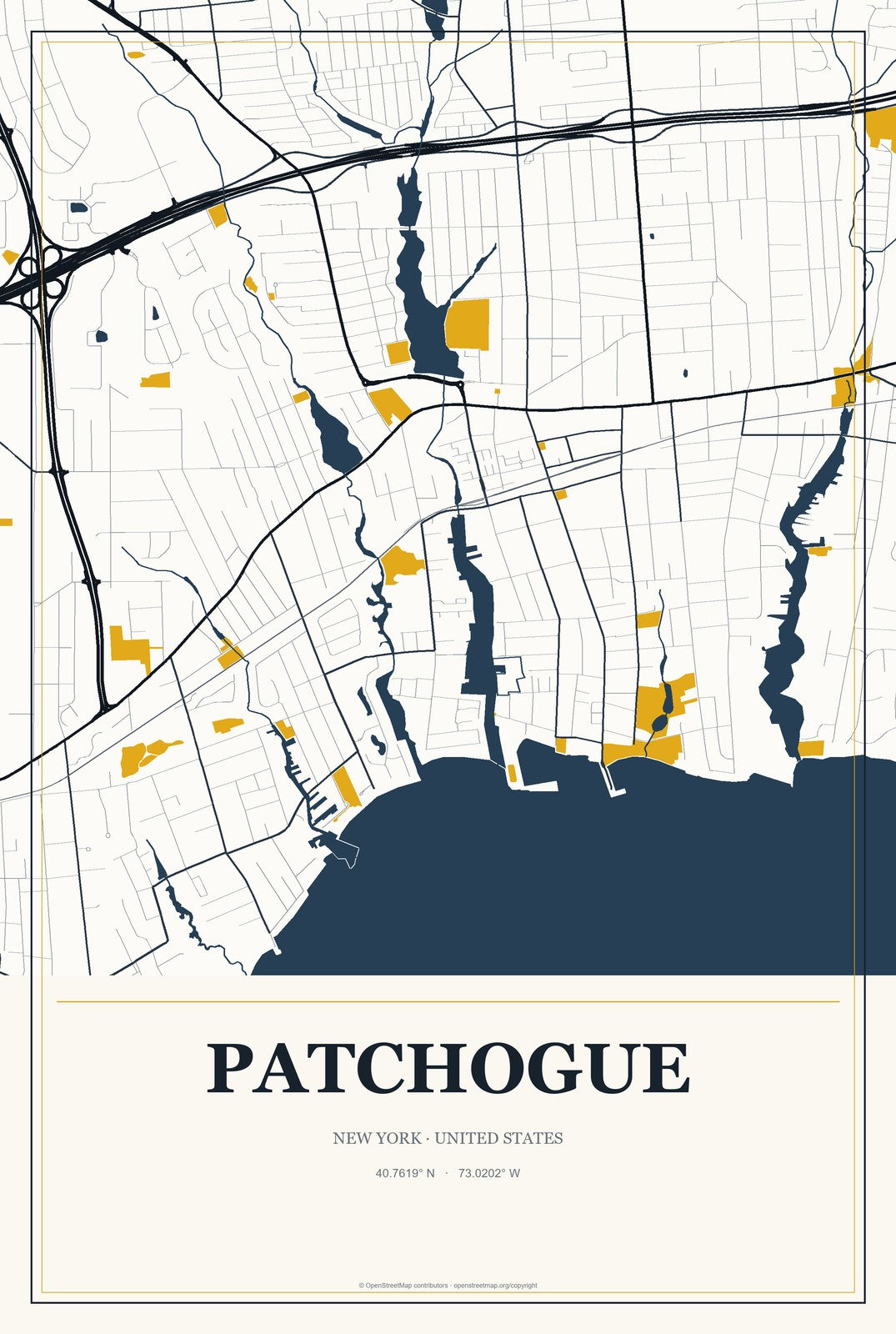Patchogue, New York City Map Aluminum Sign in Citrine Modern style