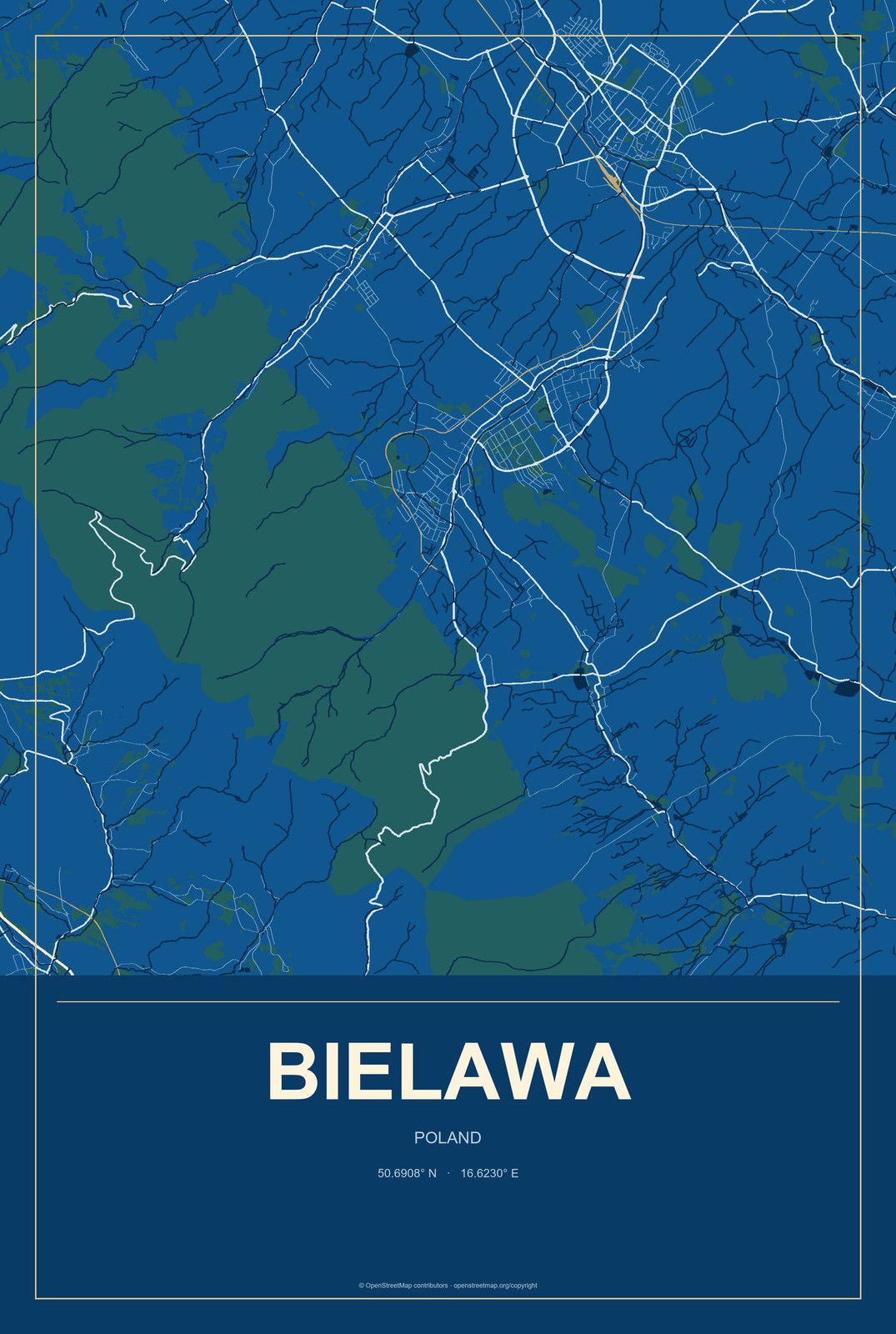 Bielawa, Poland City Map Aluminum Sign in Harbor Cobalt style