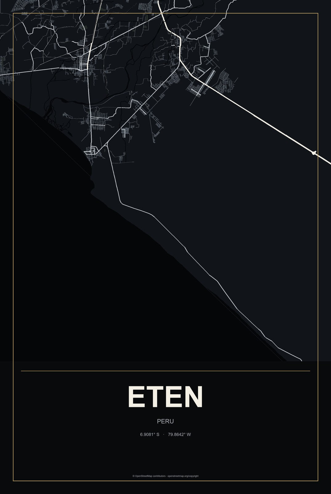 Eten, Peru City Map Aluminum Sign in Metropolitan Noir style