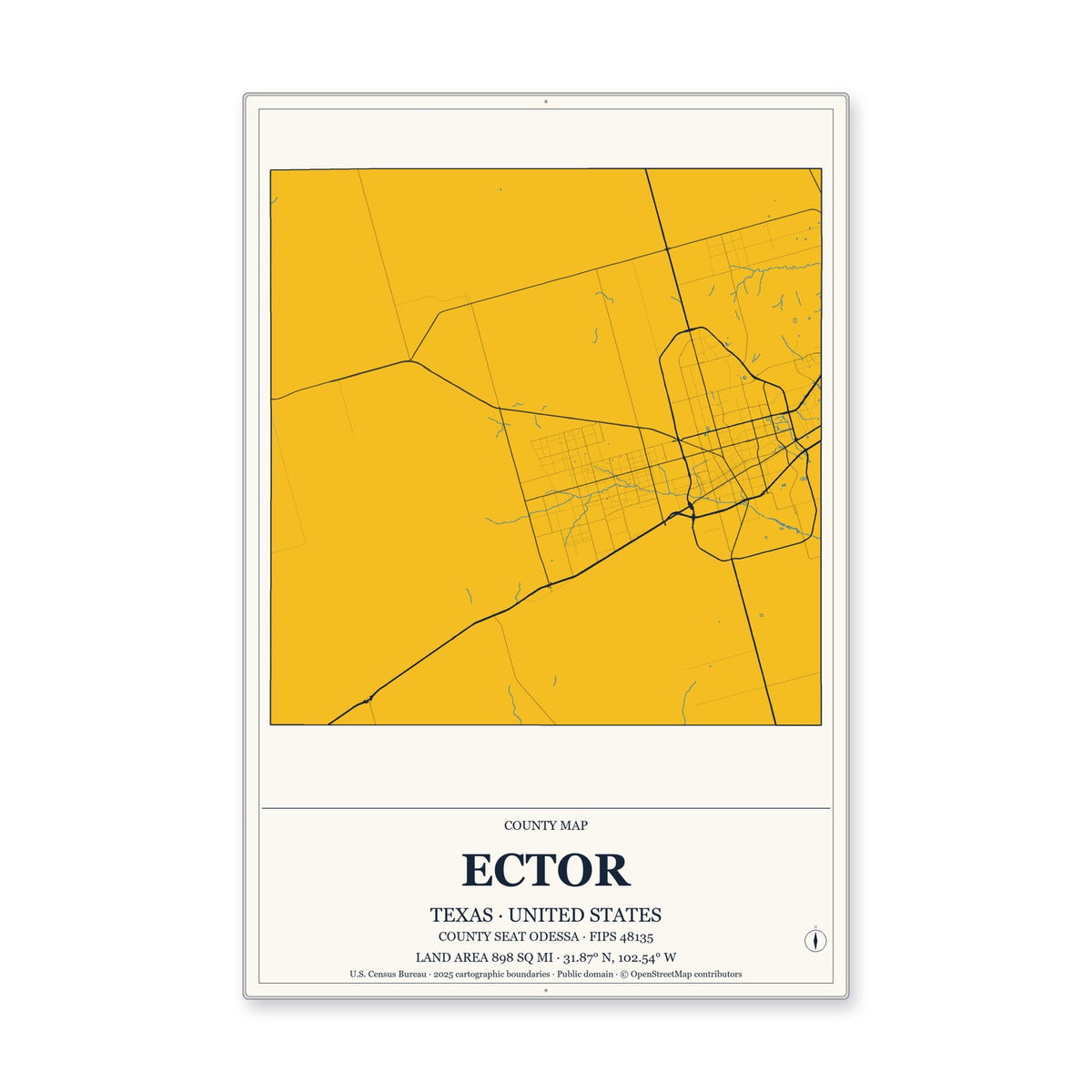 Ector County, Texas Map Aluminum Sign in Citrine Modern style