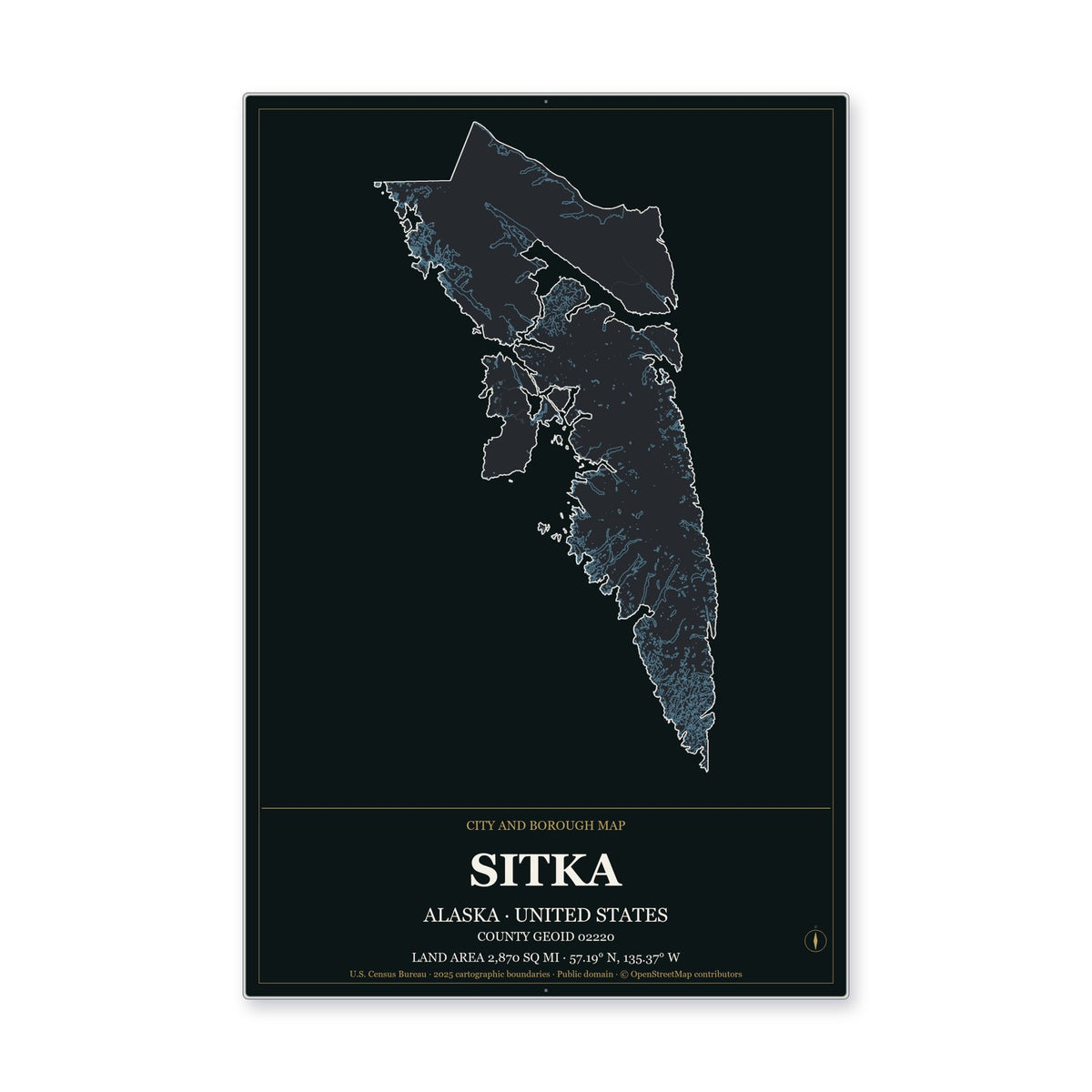 Sitka City and Borough, Alaska Map Aluminum Sign in Metropolitan Noir style