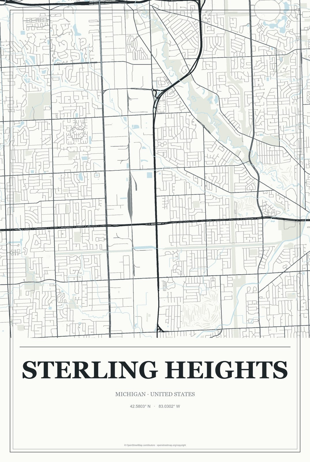 Sterling Heights, Michigan City Map Aluminum Sign in Gallery Air style