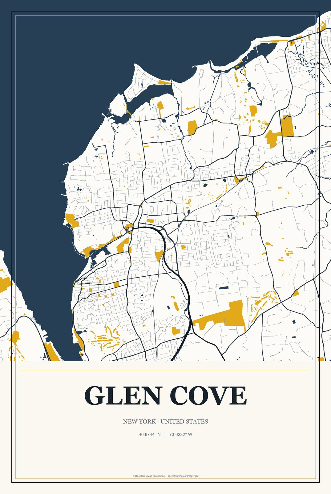Glen Cove, New York City Map Aluminum Sign in Citrine Modern style