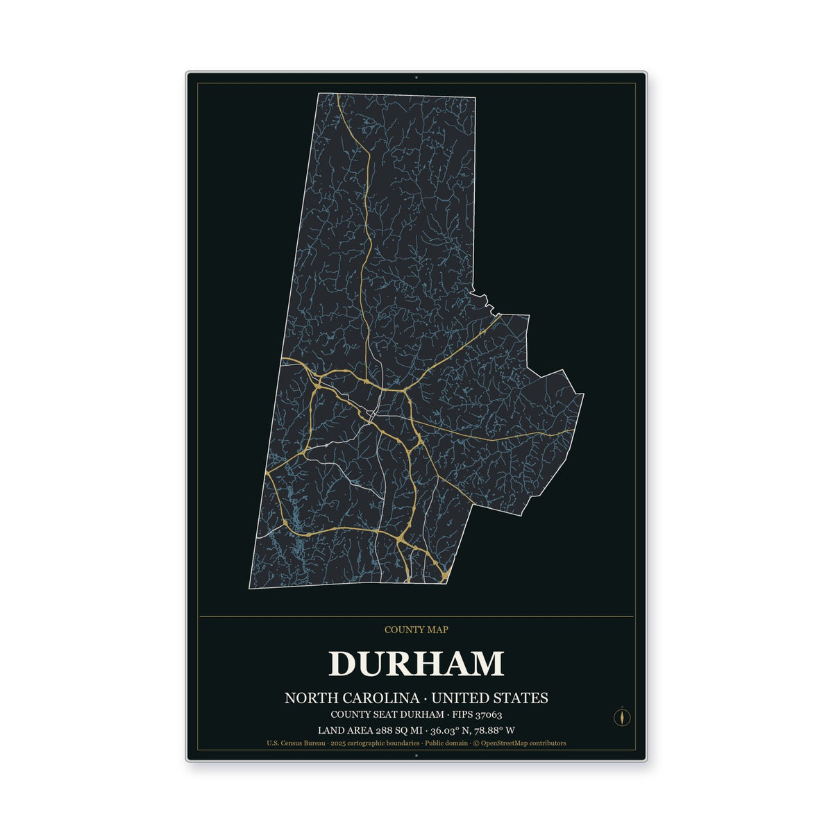 Durham County, North Carolina Map Aluminum Sign in Metropolitan Noir style