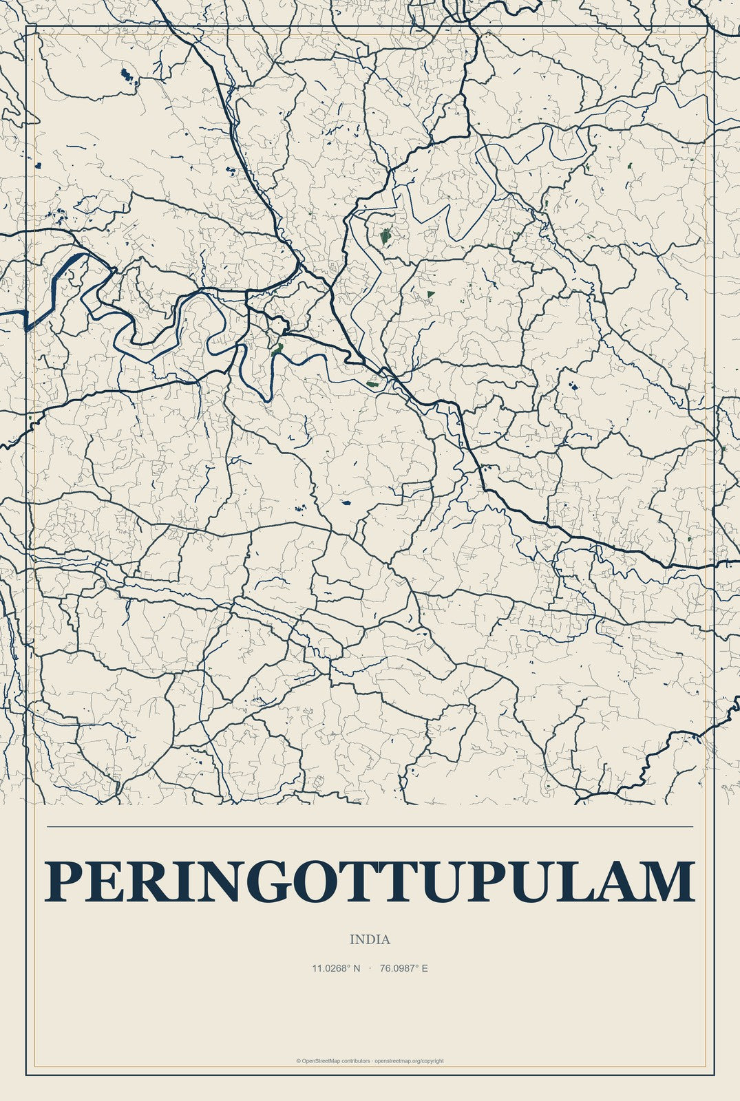 Peringottupulam, India City Map Aluminum Sign in Coastal Cutout style