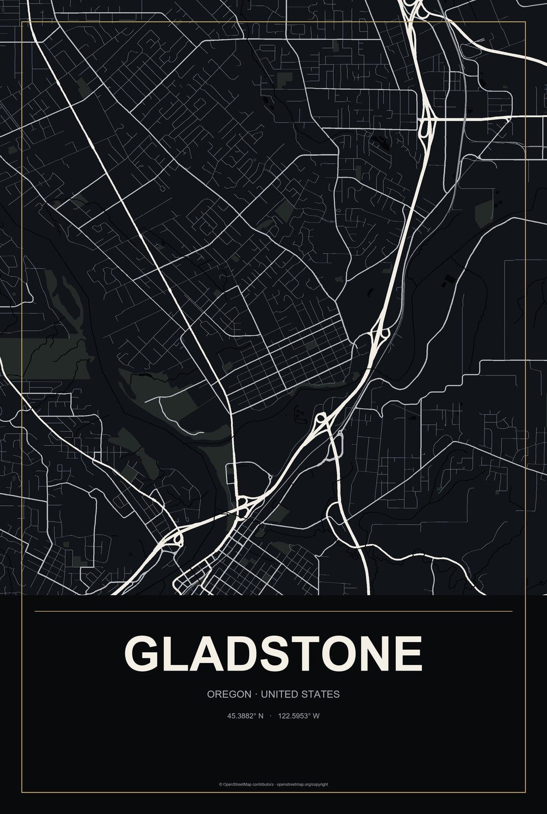 Gladstone, Oregon City Map Aluminum Sign in Metropolitan Noir style