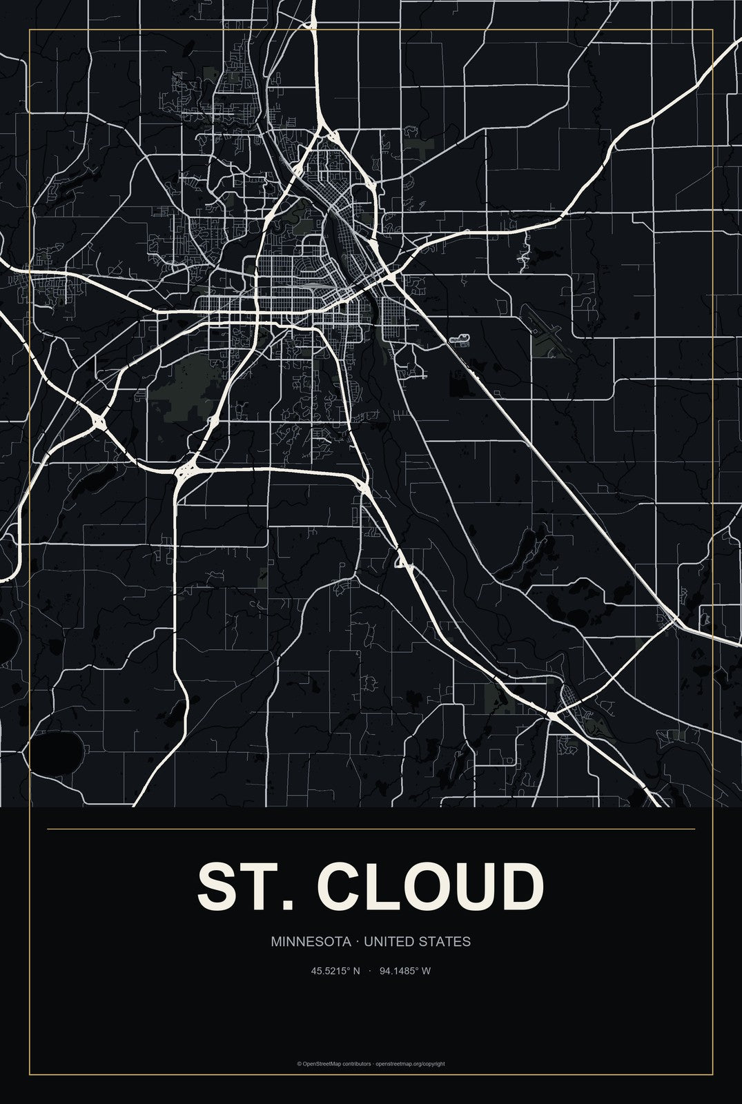 St. Cloud, Minnesota City Map Aluminum Sign in Metropolitan Noir style