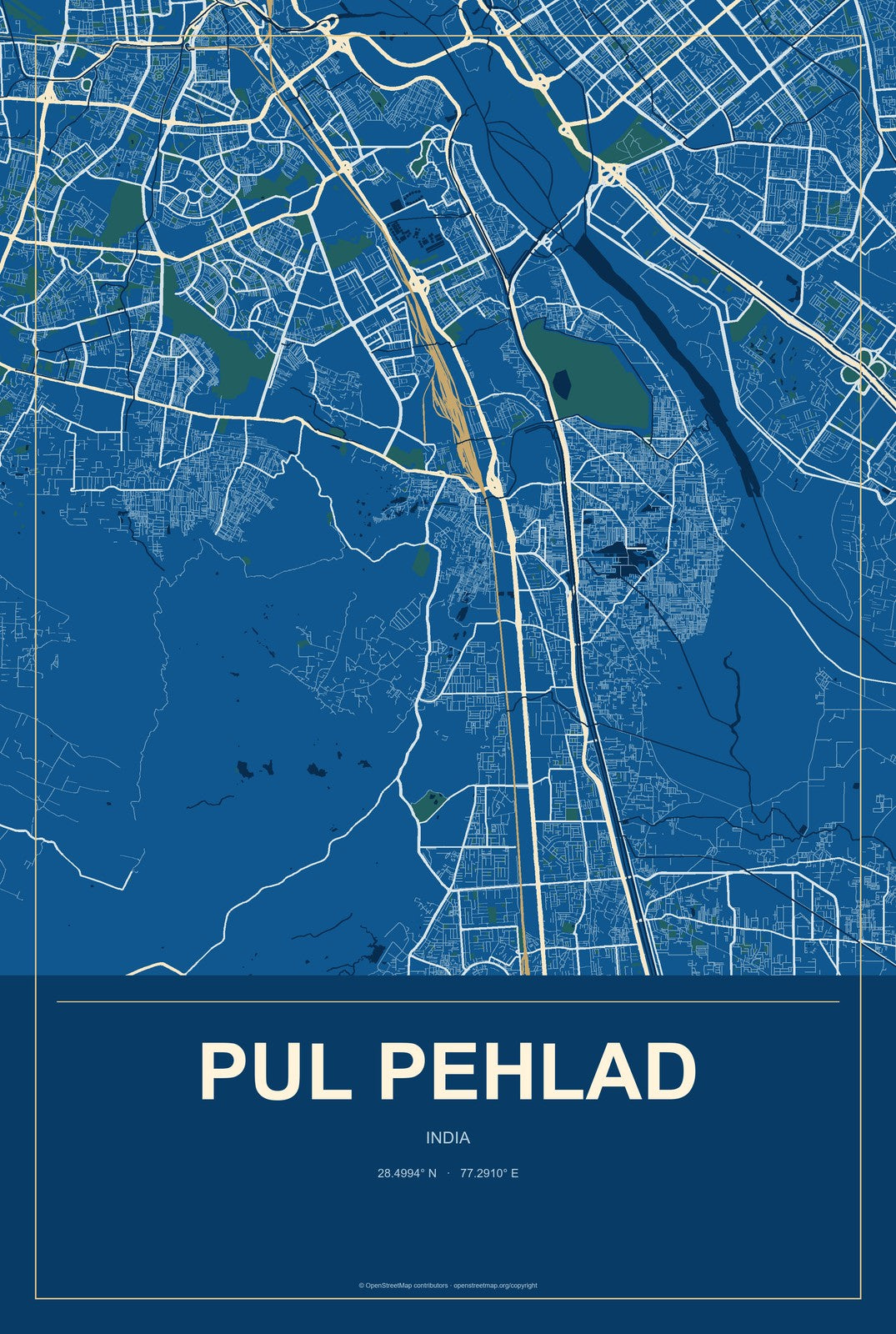 Pul Pehlad, India City Map Aluminum Sign in Harbor Cobalt style