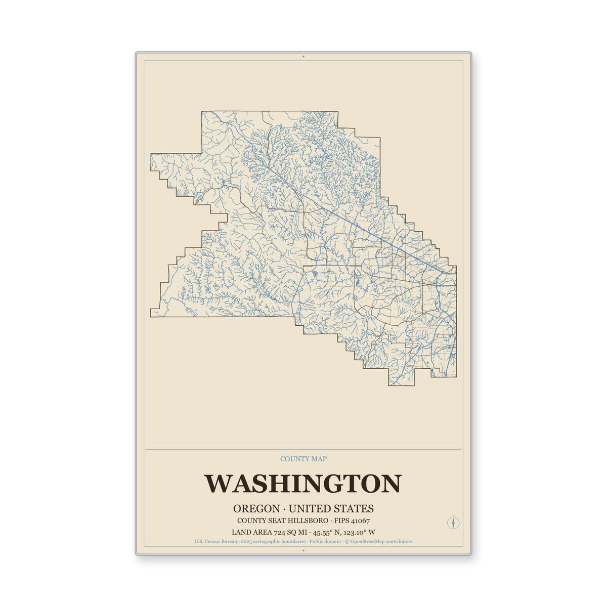 Washington County, Oregon Map Aluminum Sign in Heritage Nautical style