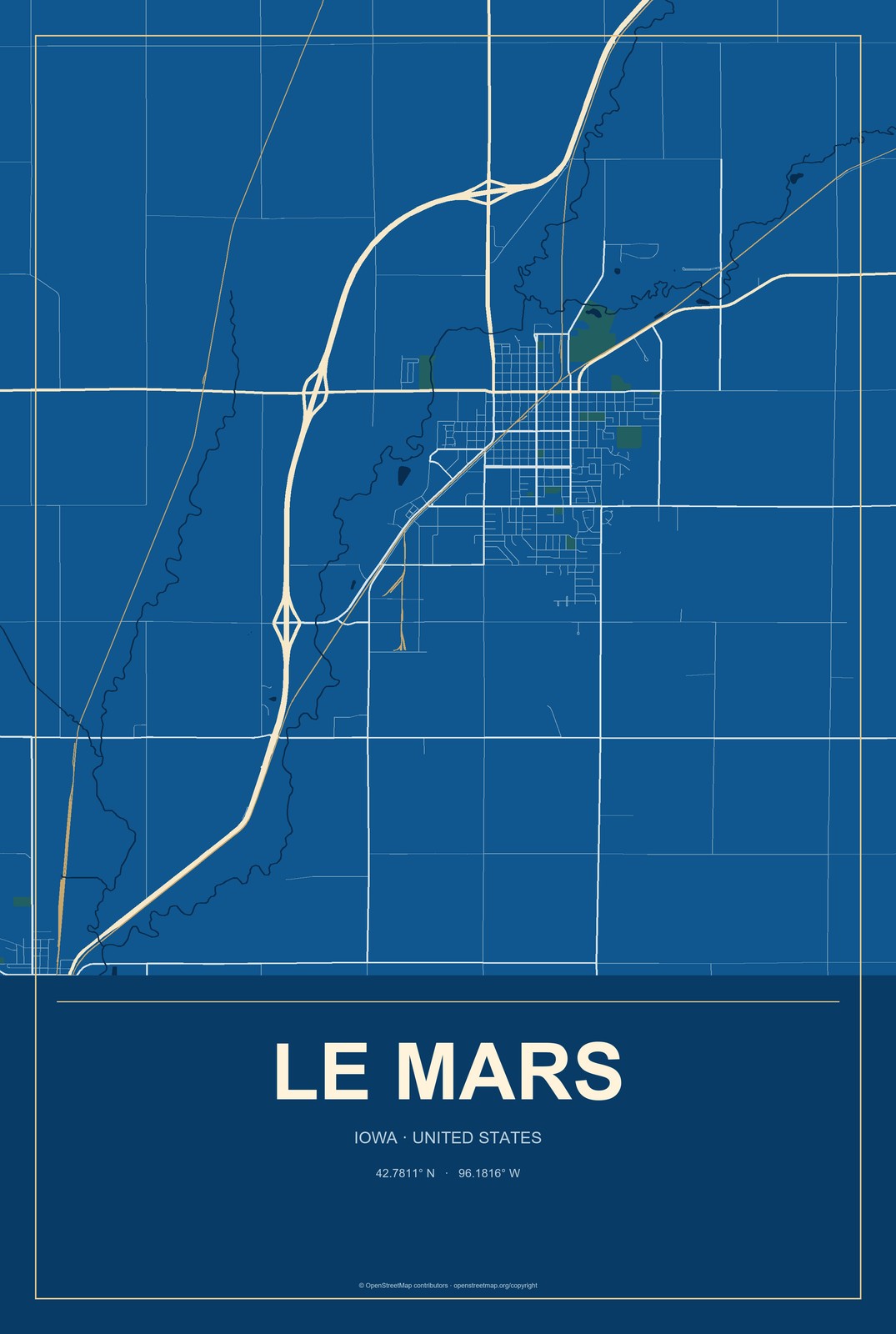 Le Mars, Iowa City Map Aluminum Sign in Harbor Cobalt style