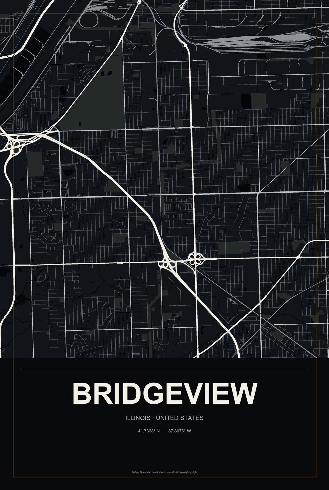 Bridgeview, Illinois City Map Aluminum Sign in Metropolitan Noir style