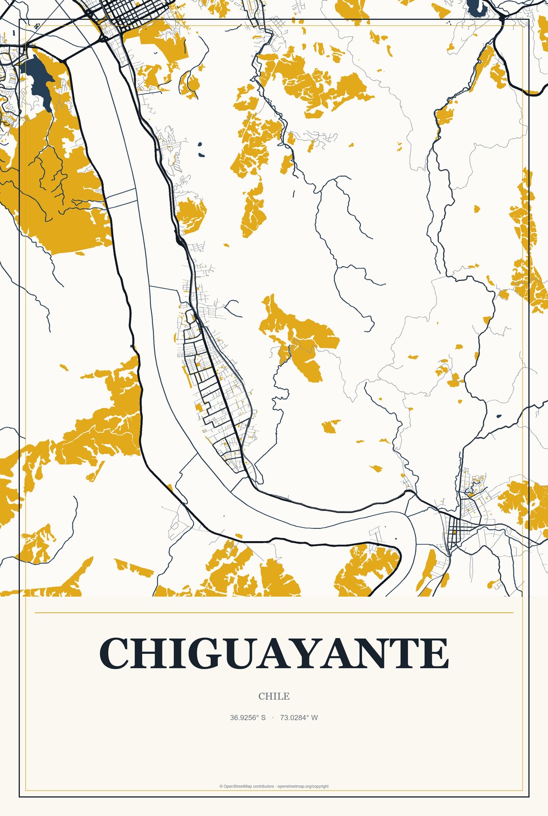 Chiguayante, Chile City Map Aluminum Sign in Citrine Modern style
