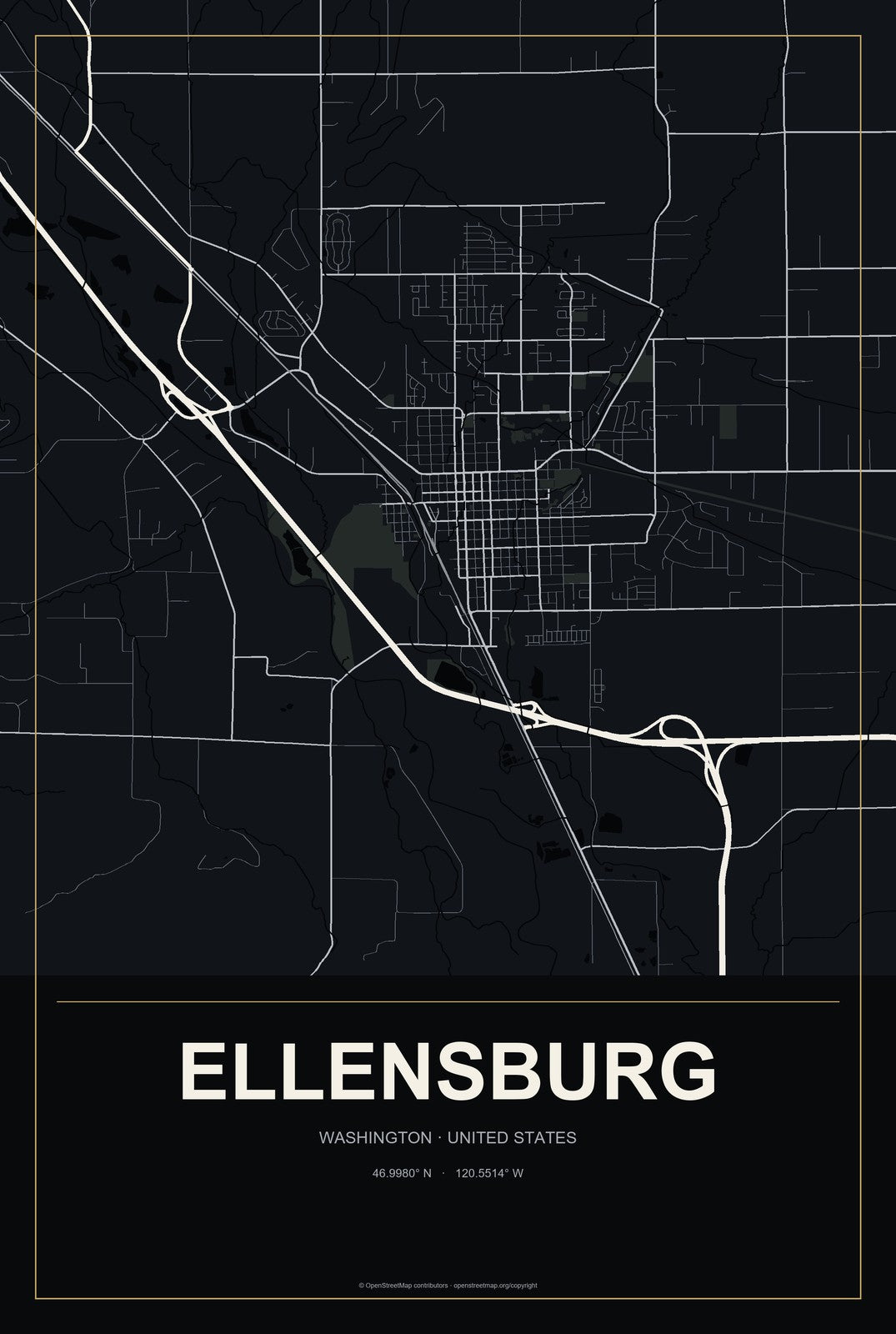 Ellensburg, Washington City Map Aluminum Sign in Metropolitan Noir style
