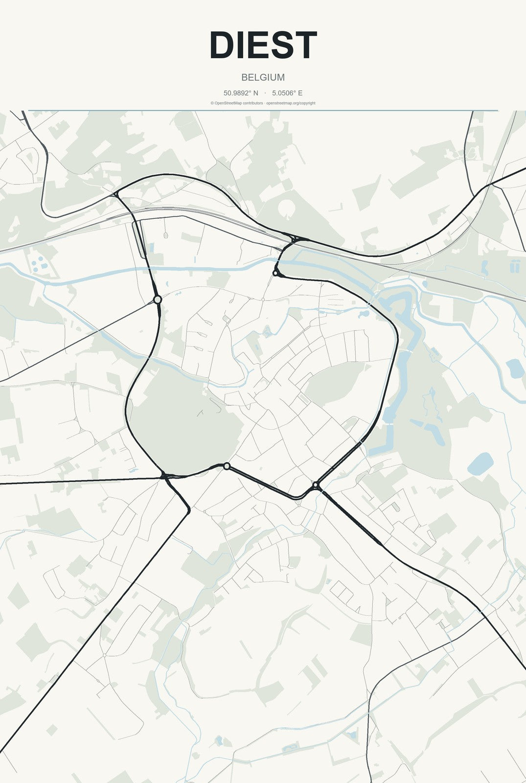 Diest, Belgium City Map Aluminum Sign in Headline Atlas style