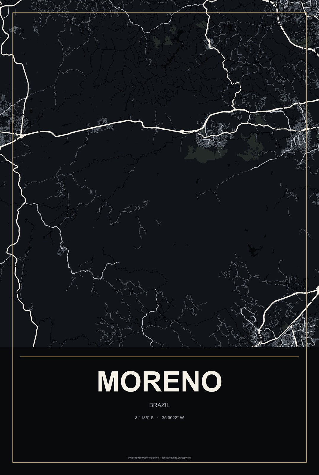 Moreno, Brazil City Map Aluminum Sign in Metropolitan Noir style