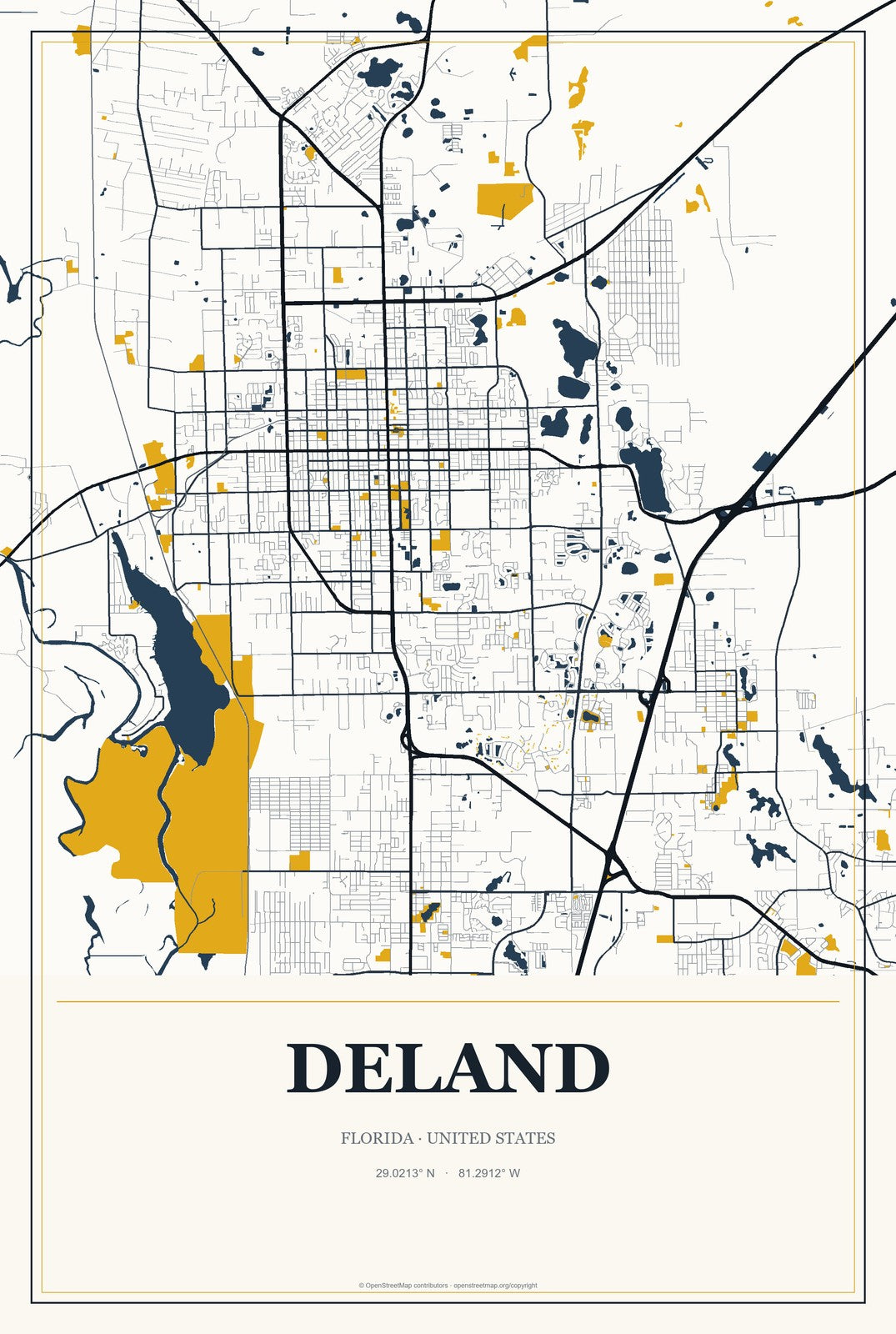 DeLand, Florida City Map Aluminum Sign in Citrine Modern style