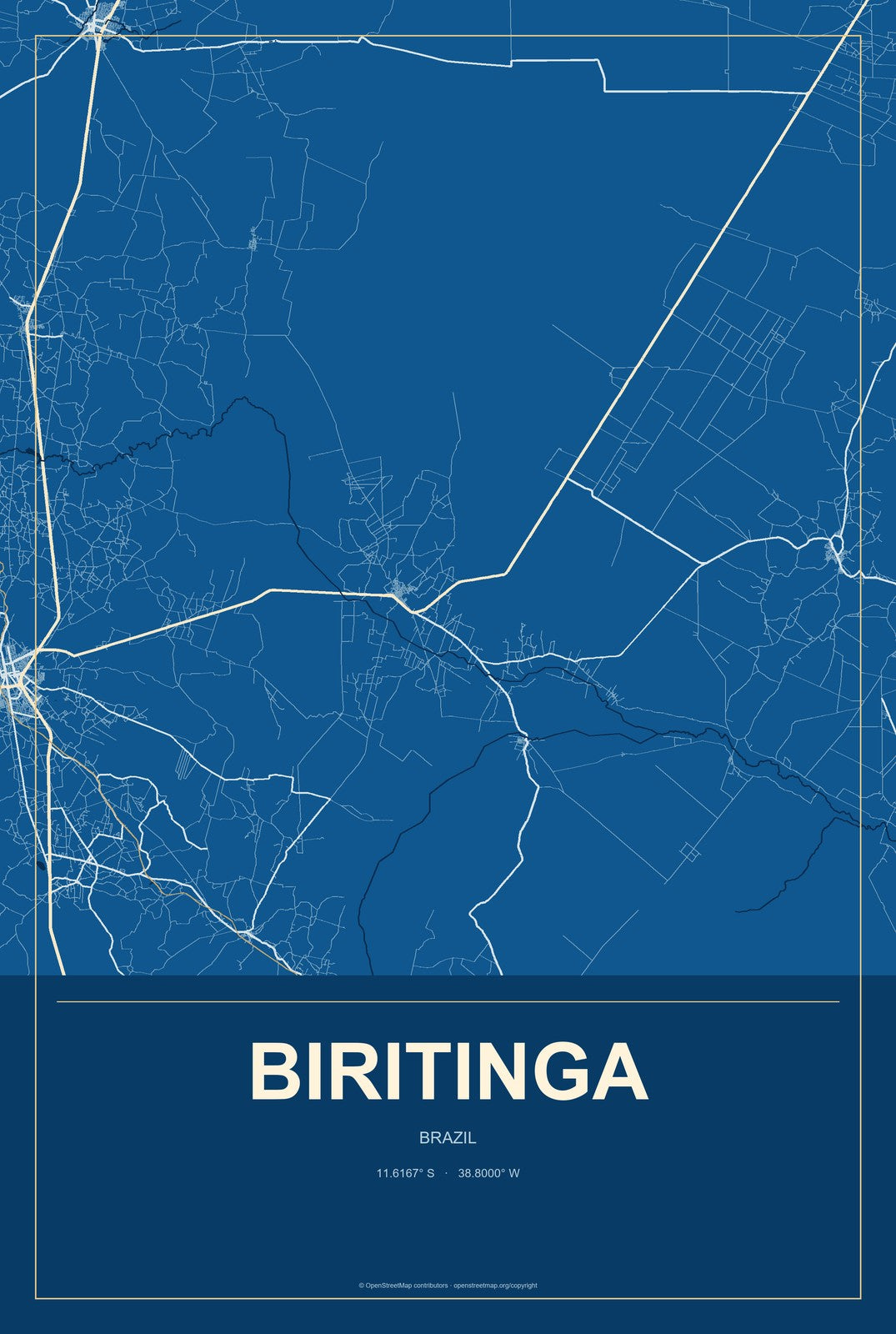 Biritinga, Brazil City Map Aluminum Sign in Harbor Cobalt style