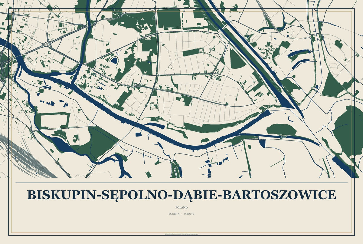 Biskupin-Sępolno-Dąbie-Bartoszowice, Poland City Map Aluminum Sign in Coastal Cutout style