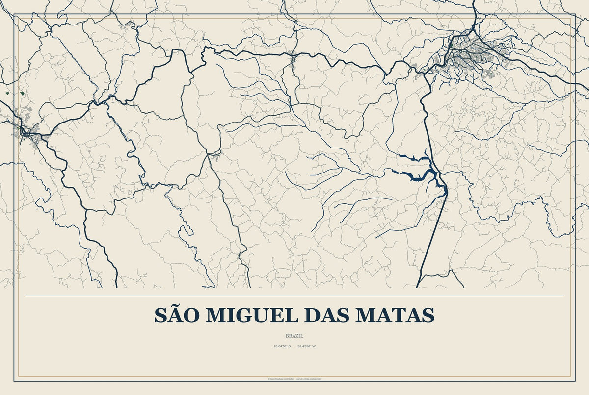 São Miguel das Matas, Brazil City Map Aluminum Sign in Coastal Cutout style