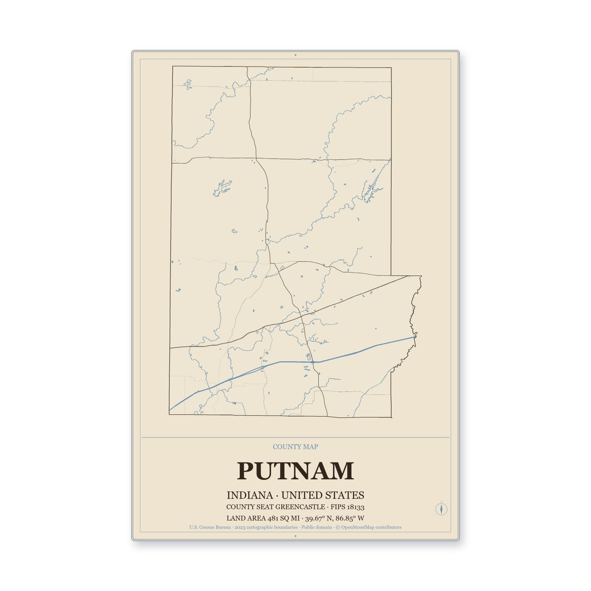 Putnam County, Indiana Map Aluminum Sign in Heritage Nautical style