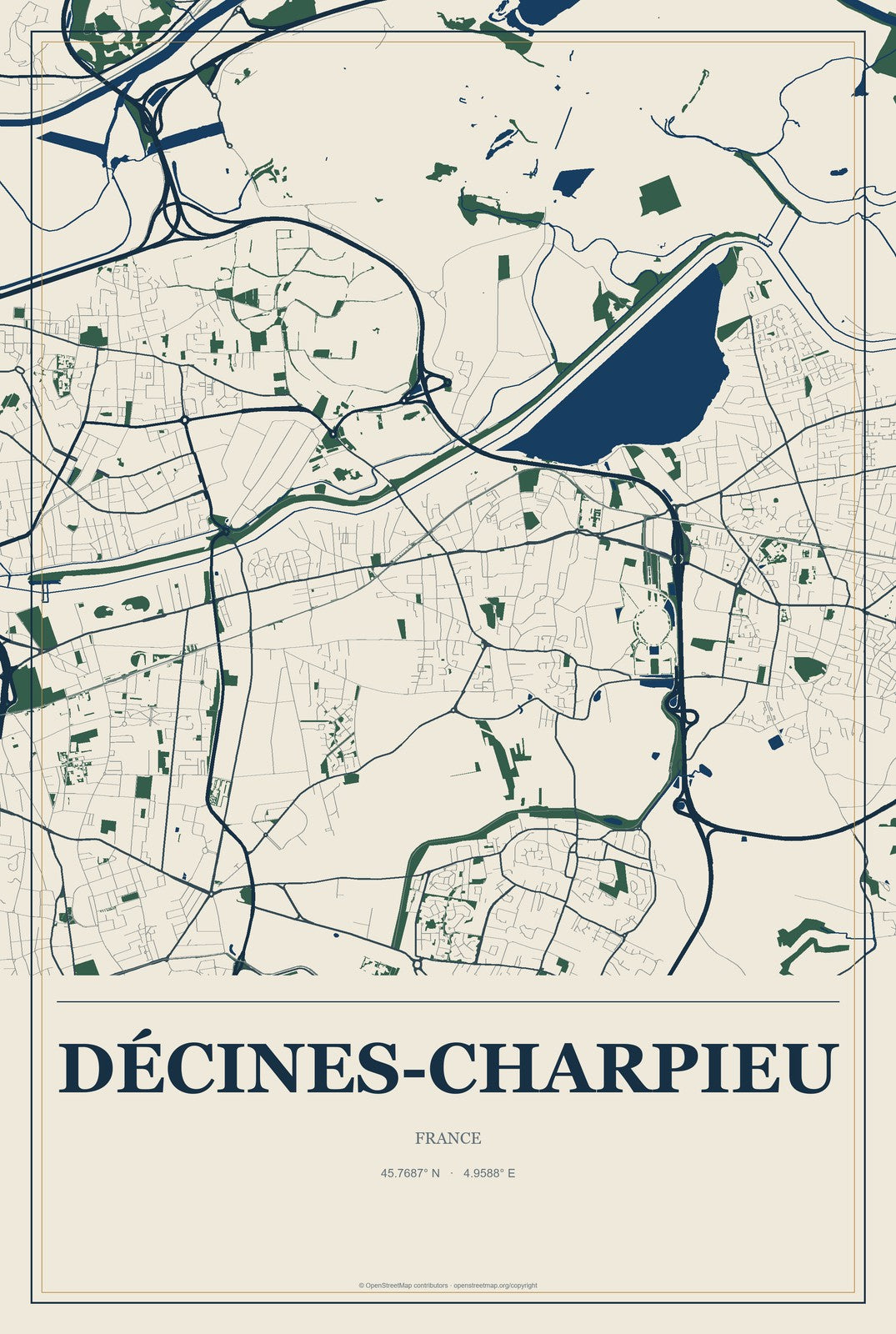 Décines-Charpieu, France City Map Aluminum Sign in Coastal Cutout style