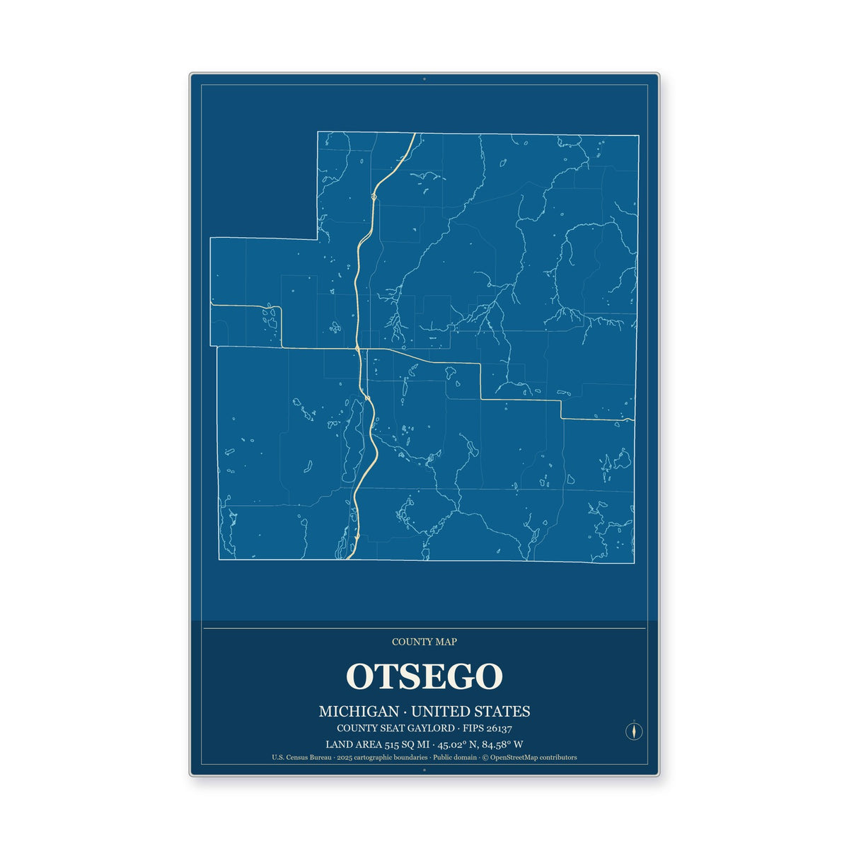 Otsego County, Michigan Map Aluminum Sign in Harbor Cobalt style