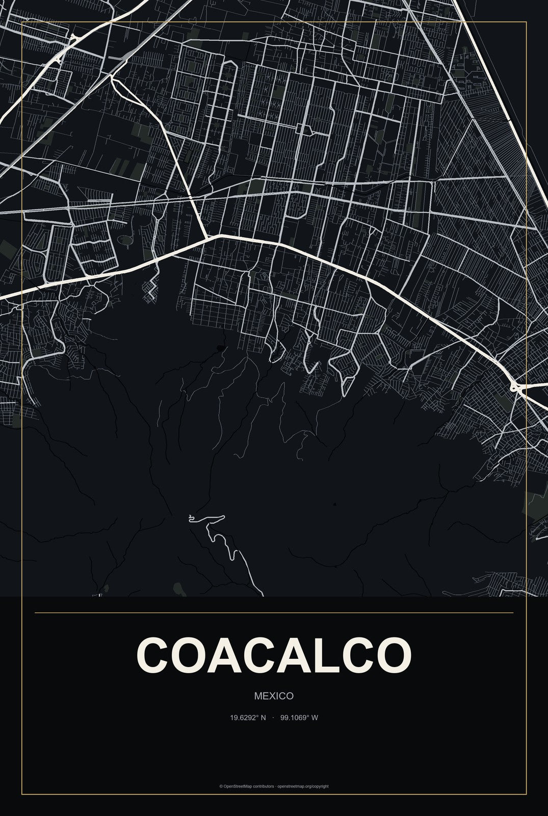 Coacalco, Mexico City Map Aluminum Sign in Metropolitan Noir style