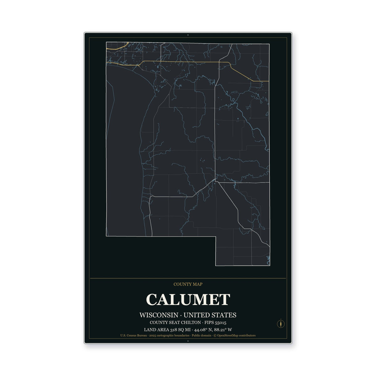 Calumet County, Wisconsin Map Aluminum Sign in Metropolitan Noir style