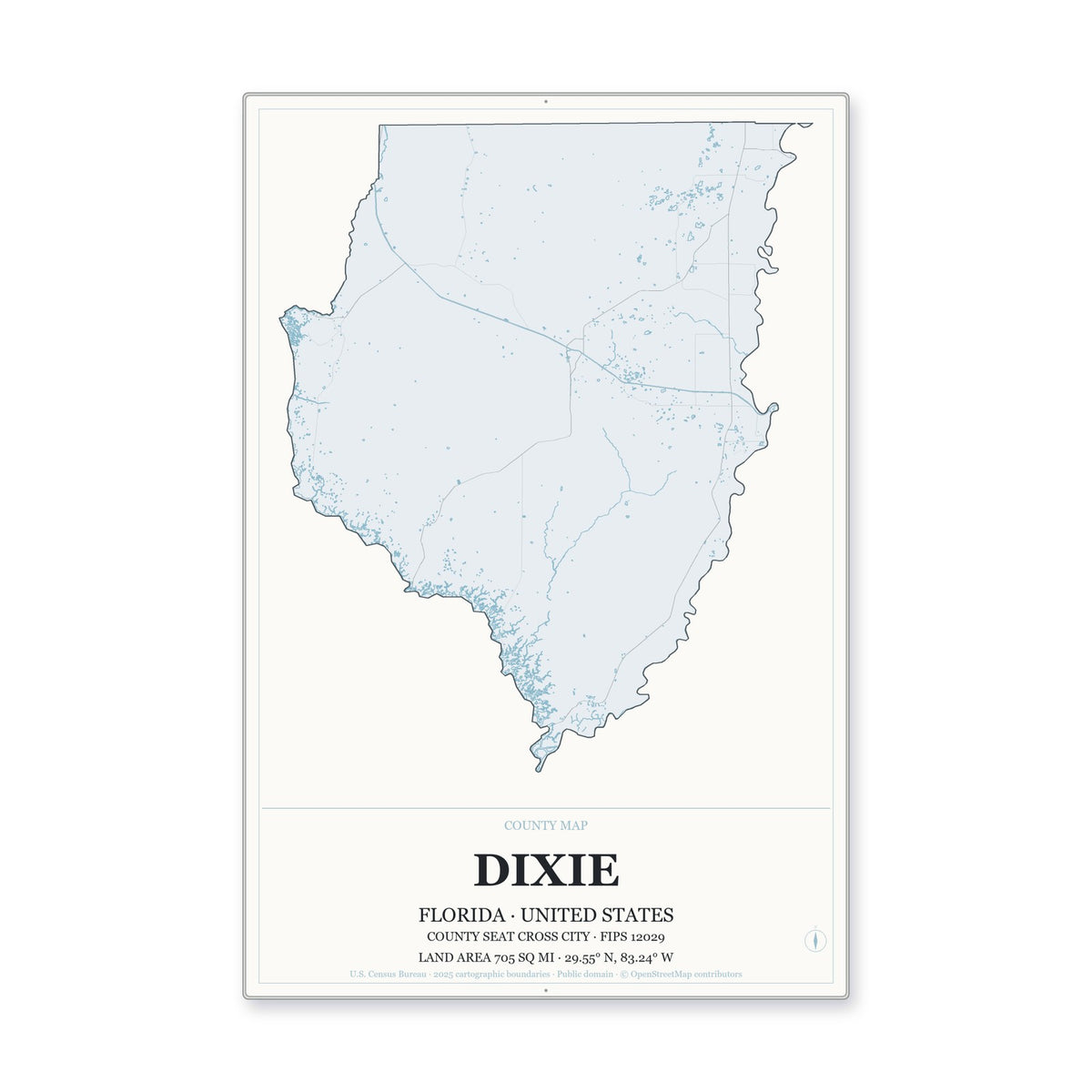 Dixie County, Florida Map Aluminum Sign in Gallery Air style