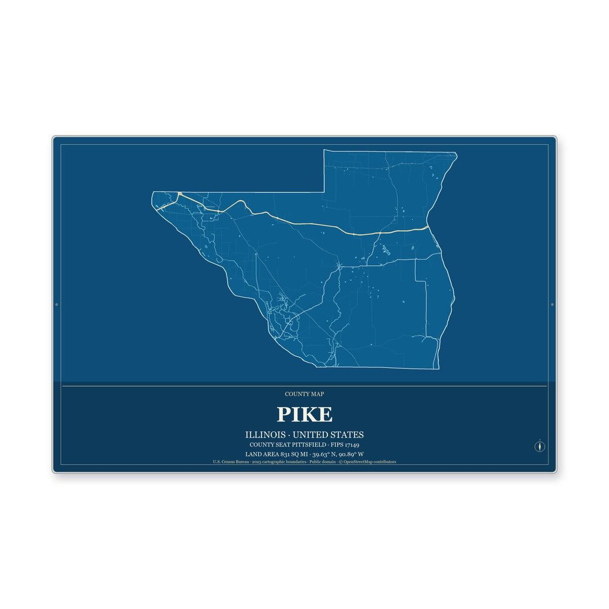 Pike County, Illinois Map Aluminum Sign in Harbor Cobalt style