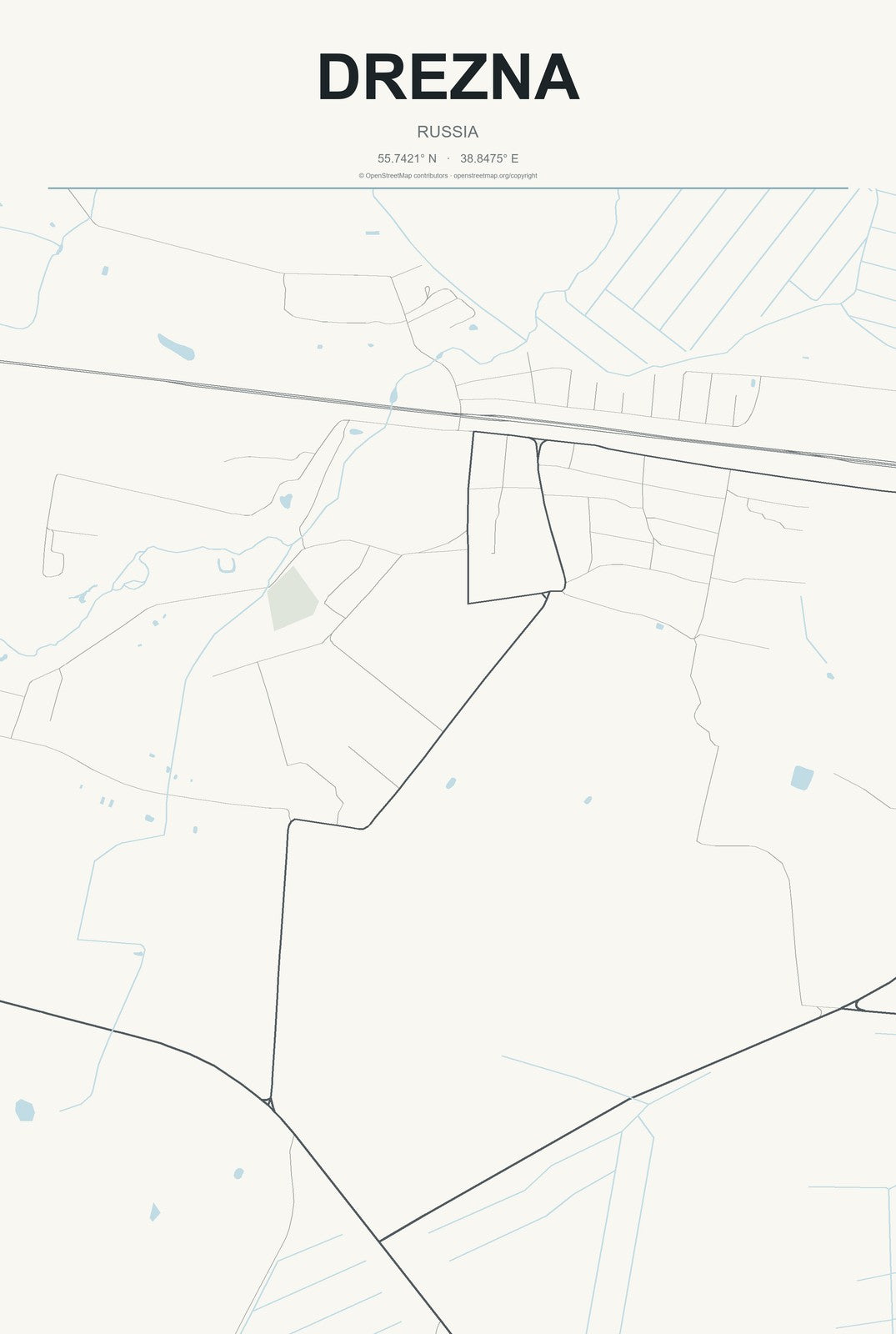Drezna, Russia City Map Aluminum Sign in Headline Atlas style