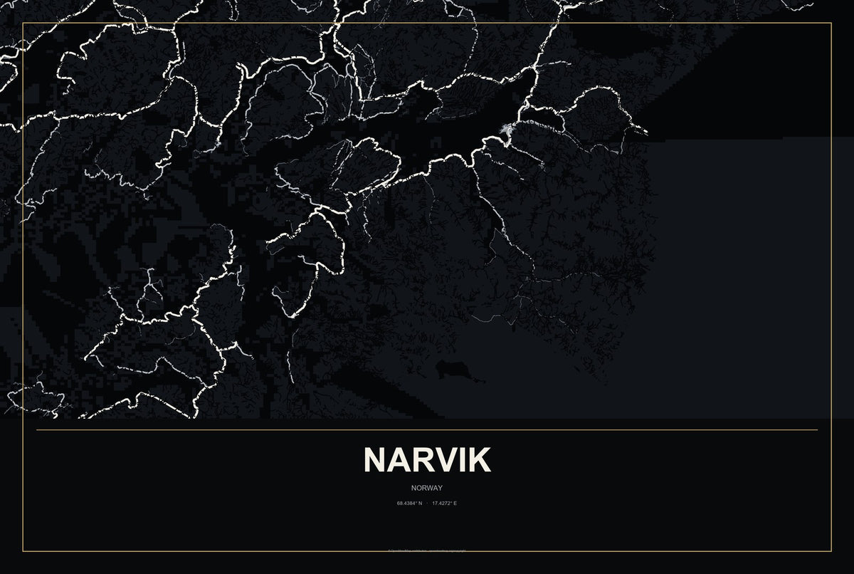 Narvik, Norway City Map Aluminum Sign in Metropolitan Noir style