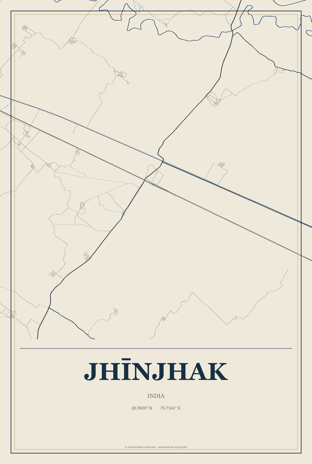 Jhīnjhak, India City Map Aluminum Sign in Coastal Cutout style