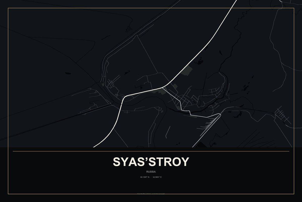 Syas’stroy, Russia City Map Aluminum Sign in Metropolitan Noir style