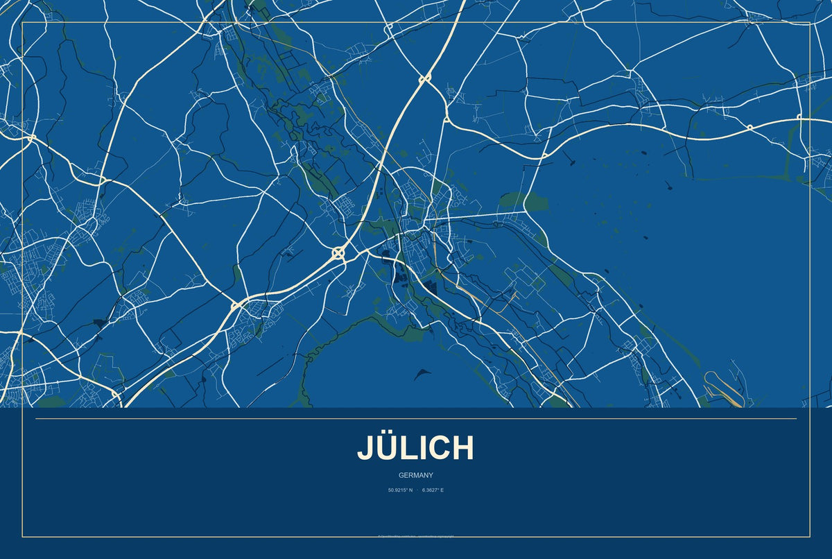 Jülich, Germany City Map Aluminum Sign in Harbor Cobalt style