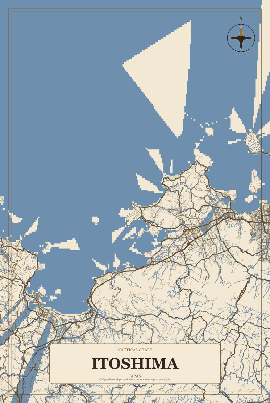 Itoshima, Japan City Map Aluminum Sign in Heritage Nautical style