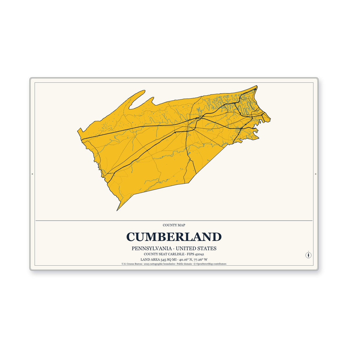 Cumberland County, Pennsylvania Map Aluminum Sign in Citrine Modern style