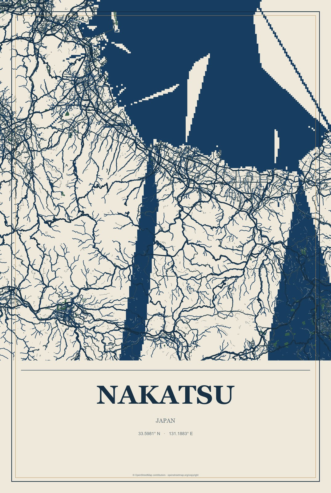 Nakatsu, Japan City Map Aluminum Sign in Coastal Cutout style
