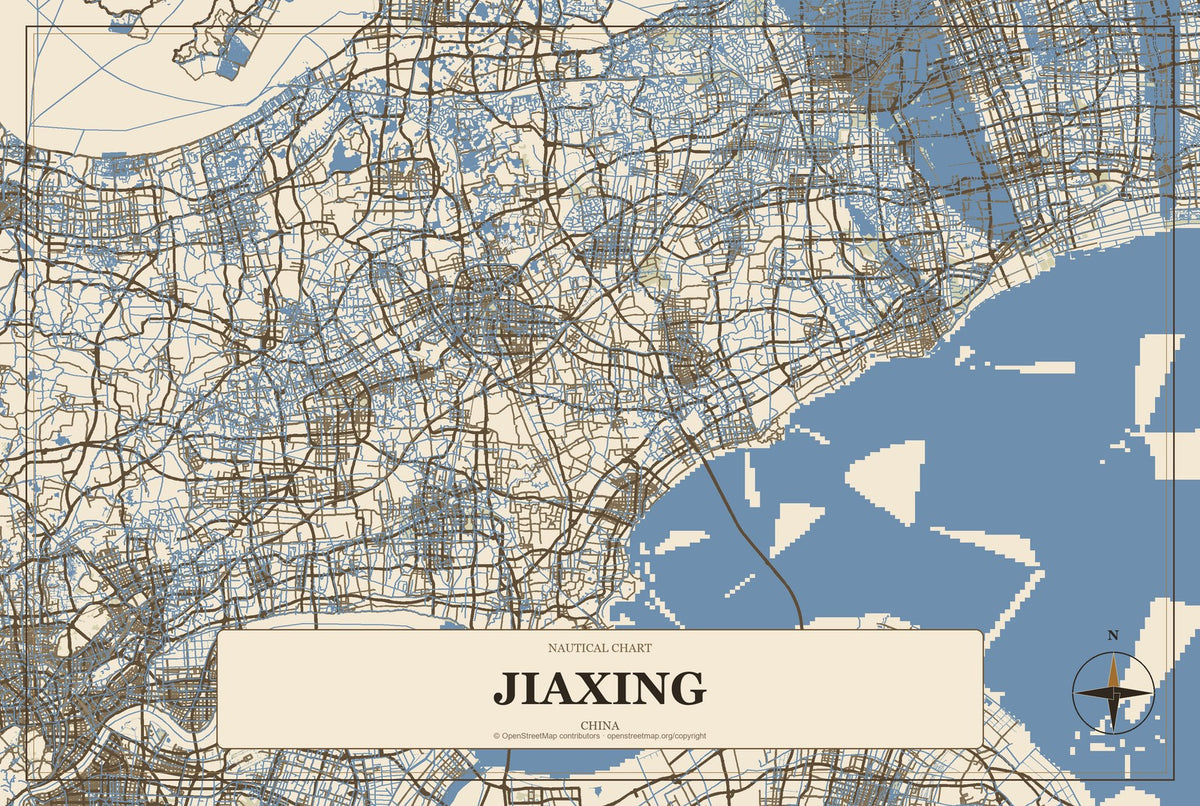 Jiaxing, China City Map Aluminum Sign in Heritage Nautical style