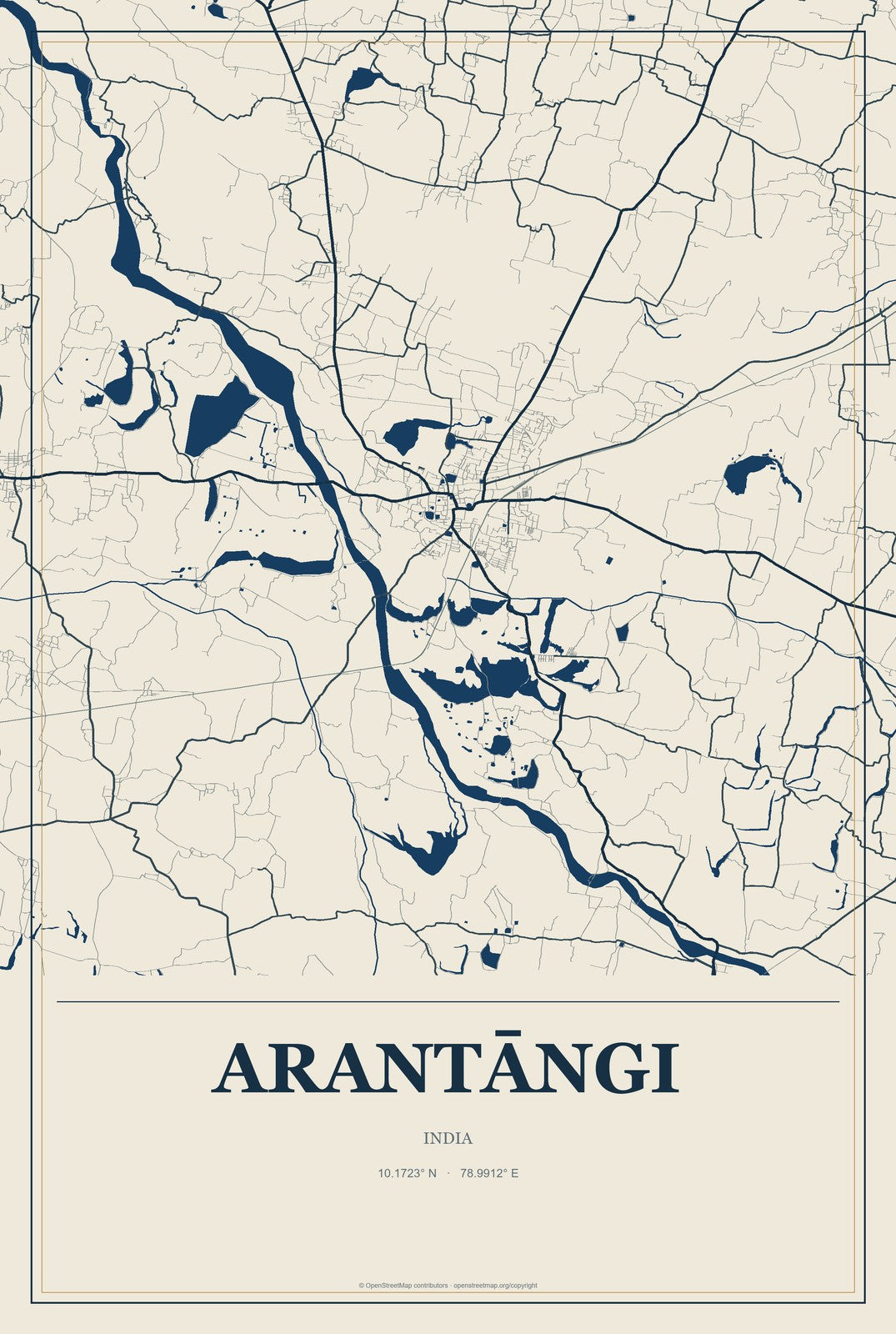 Arantāngi, India City Map Aluminum Sign in Coastal Cutout style